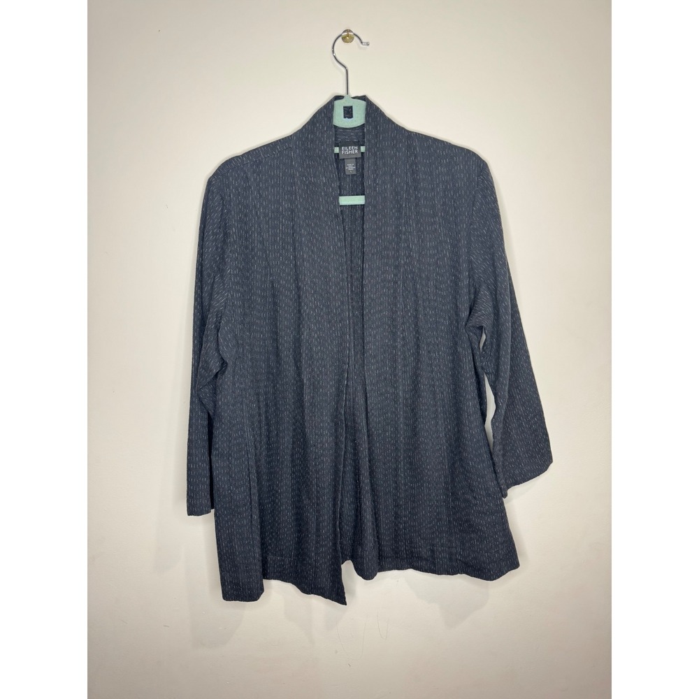Eileen Fisher cotton wool open front cardigan black white sz L